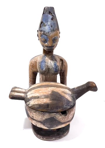 YORUBA NIGERIA AFRICAN POLYCHROME CARVED WOOD WOMAN SEATED WITH VESSEL, H 19", W 14", D 11" 