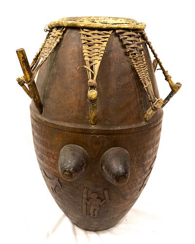 AFRICAN CARVED WOOD AND ANIMAL HIDE DRUM, H 32", DIA 22" 