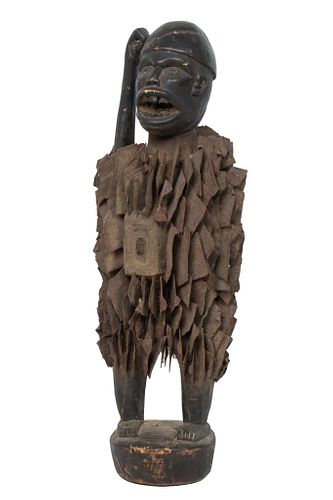 TRIBAL CARVED WOOD & TIN FIGURE 1840'S H 2' 