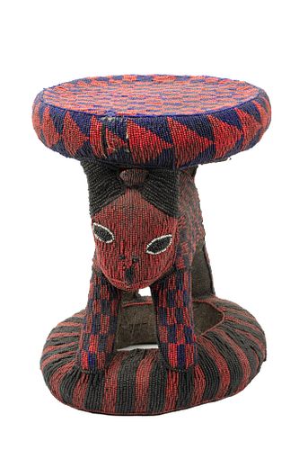 AFRICAN, CAMEROON BEADED THRONE WITH ANIMAL FORM SUPPORT, H 14", W 11", D 13"