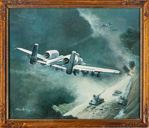 JIM HIMMEY, OIL ON CANVAS, H 24", W 28.5", AIRCRAFT AND TANKS 