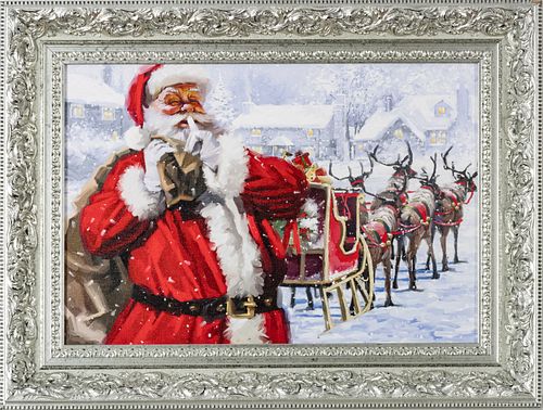 Christmas Giclee On Canvas, Santa Claus And His Reindeer, H 25.5'' W 33.5''