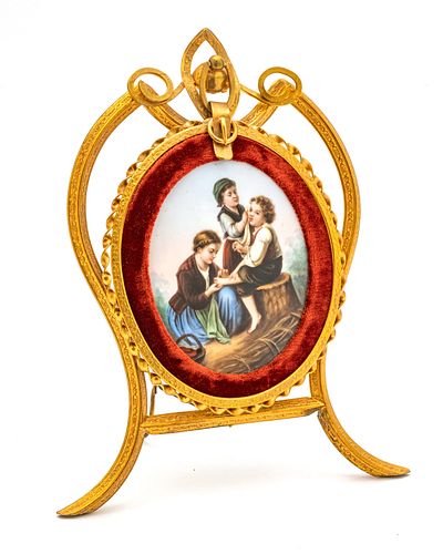 German Painting On Porcelain, Metal Frame C. 1900, H 4.5'' W 3.2'' Scene With Three Children