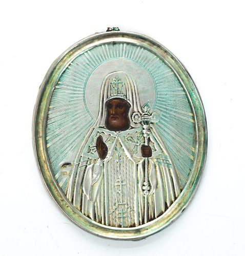 Russian Oval Icon, Silver/wood, Saint H 3'' W 2.2''