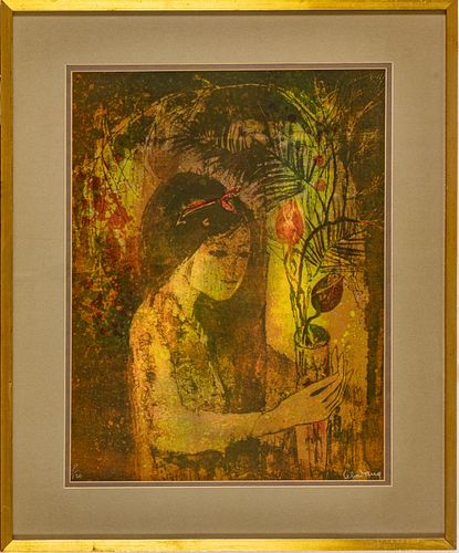 HOI LEBADANG (VIETNAM, 1922-2015) SERIGRAPH ON PAPER, H 24.5", W 18.5", GIRL WITH FLOWERS 