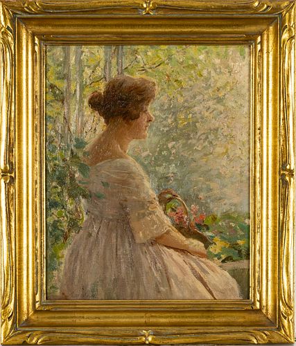 Joseph W. Gies (American, 1860-1935) Oil On Canvas Board, Lady Seated With Flowers, H 15'' W 12''