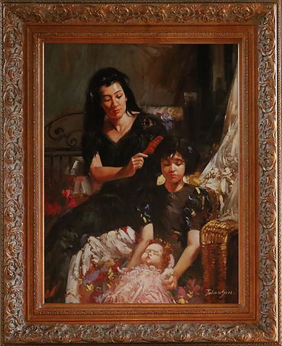JOHANSON, OIL ON CANVAS, H 39", W 29", MOTHER AND CHILD WITH DOLL 