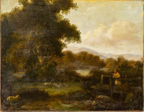 Oil On Canvas,  19th.c., Shepherd With Flock By River, H 28'' W 36''