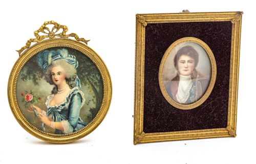 French Style Miniature Portraits C. 1900, Dia. 2.5'' 2 pcs