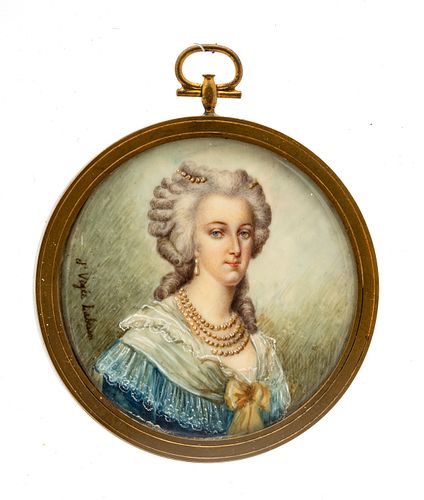 French Watercolor After Vigee Lebrun, Portrait Of Lady C. 19th C, Dia. 2.5''
