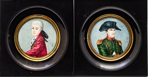 French Miniature Watercolor Portraits: Mozart & Napoleon Dia. 3'' 2 pcs