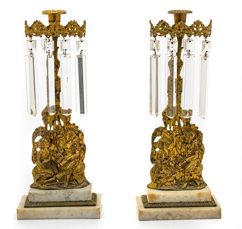 Marble, Brass And Crystal Girandoles C. C. 1880-1910, H 16'' W 6.5'' 1 Pair