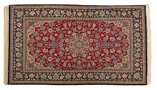 PERSIAN ISFAHAN HANDWOVEN WOOL WITH SILK HIGHLIGHTS AND FOUNDATION RUG, W 3' 7", L 5' 7" 