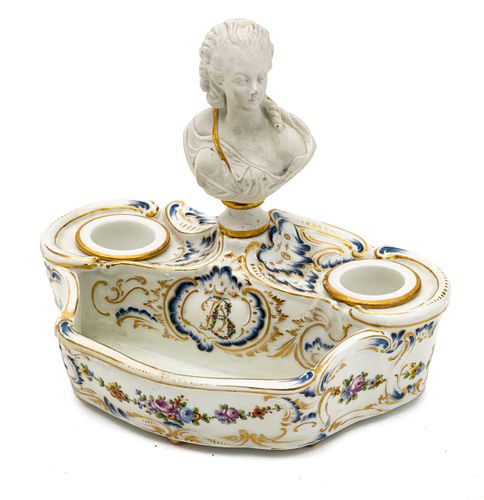 French Porcelain And Bisque Inkwell H 6.25'' W 7.25'' Depth 4.5''