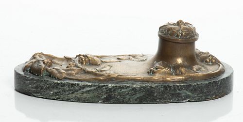 M. Bonnot French Art Nouveau Bronze Inkwell, Early 20th C., H 1.75'' L 8.25'' Depth 3.5''