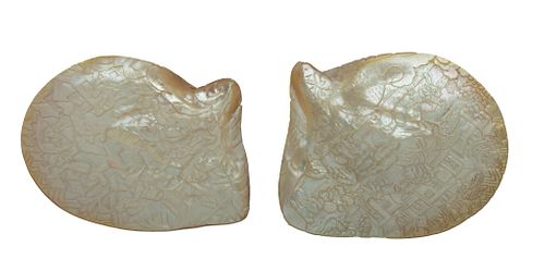 CHINESE CARVED MOTHER OF PEARL DISHES, 2 PCS, W 7"-7.25"