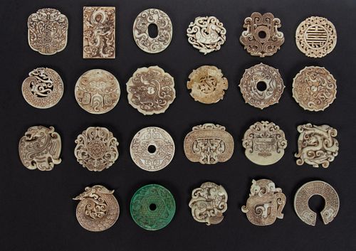 CHINESE CARVED JADE MEDALLIONS, 23 PCS.