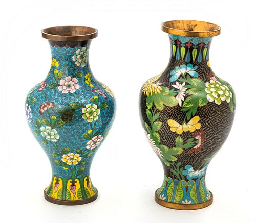 Chinese Cloisonne Enamel Vases C. 19th.c., H 9'' 2 pcs