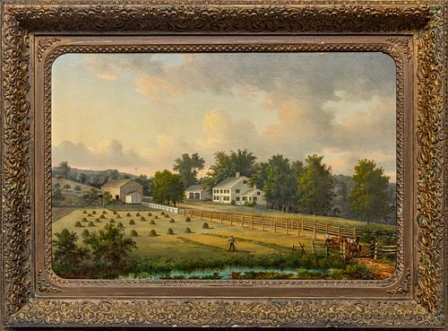 ATTR. GEORGE BOICE DURRIE (AMERICAN, 1842-1907) OIL ON CANVAS MOUNTED TO BOARD, C. 1860, H 19.5", W 29.25", NEW ENGLAND FARM 