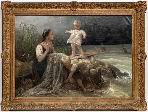KARL RAUPP (GERMAN, 1837–1918) OIL ON CANVAS, 19TH CENTURY H 25.25" W 36" MOTHER MENDING FISHING NETS WITH CHILDREN PLAYING 