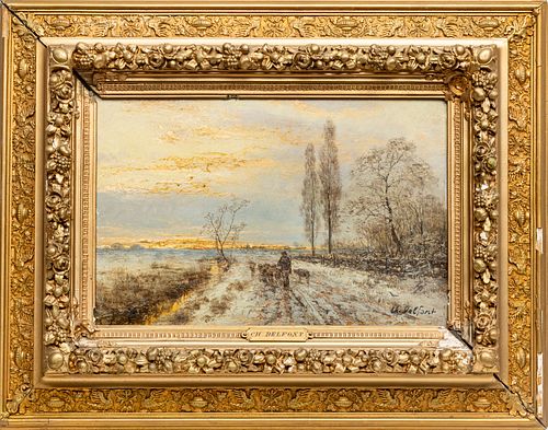 CHARLES DELFONT, FRENCH  OIL ON BOARD,  C 1870 H 10" W 15" SNOW SCENE 