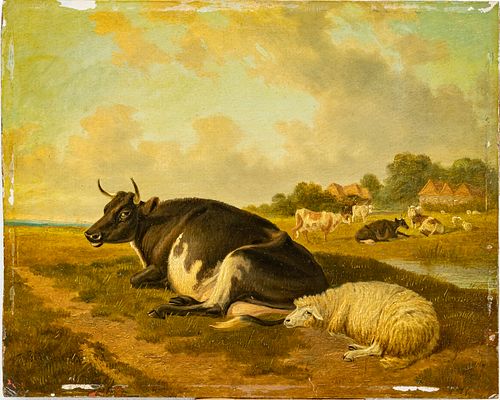 THOMAS SIDNEY COOPER, RA (ENGLISH 1803-1902) OIL ON PANEL, H 9 3/4", W 12 1/4", BUCOLIC LANDSCAPE WITH COWS 