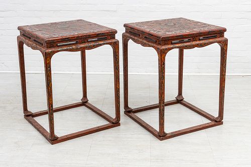 CHINESE RED LACQUER TABLES, DRAGON DECORATION, 20TH C., PAIR, H 33", W 25", D 25" 