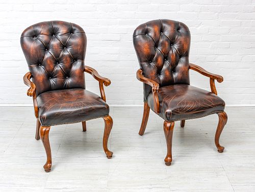 PAIR OF CARVED WALNUT LEATHER OPEN ARMCHAIRS, H 42", W 27", D 25" 