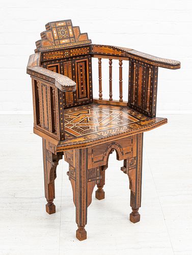 MOORISH MOTHER OF PEARL PARQUETRY ARM CHAIR, C. 1900, H 32", W 22"