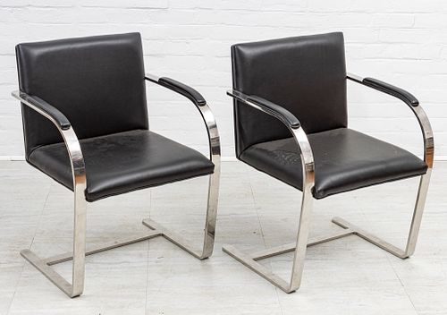 BRNO-STYLE FLAT BAR CHROME AND BLACK LEATHER ARMCHAIRS, PAIR, H 32" W 23" D 20" 