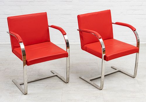 BRNO-STYLE FLAT BAR CHROME AND RED LEATHER ARMCHAIRS, PAIR, H 32" W 23" D 20" 