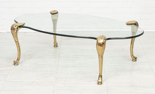 LABARGE BRASS AND GLASS TOP COFFEE TABLE, H 16 1/2", W 29 3/4", L 55" 