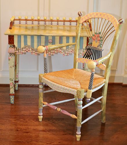 MACKENZIE-CHILDS (AMERICAN) PAINTED WOOD WRITING DESK WITH ONE DRAWER & BACK GALLERY WITH LIGHT FLOWER BASKET ARMCHAIR H 34" W 36" D 20.5" 