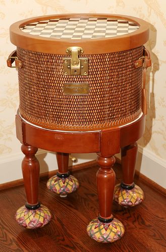 MACKENZIE-CHILDS (AMERICAN) COURTLY CHECK ENAMELWARE & RATTAN SIDE TABLE, H 27" DIA 17" 