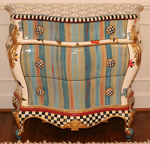 MACKENZIE-CHILDS (AMERICAN) BUTTERFLY LARGE CHEST HAND DECORATED WITH GOLD LEAF, COURTLY CHECKER, & COURTLY STRIPE ACCENTS H 33" L 36" D 18" 