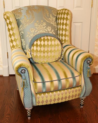 MACKENZIE-CHILDS (AMERICAN) UPHOLSTERED WINGBACK ARMCHAIR, H 42.5" W 35" D 39" 