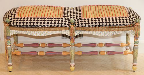 MACKENZIE-CHILDS (AMERICAN) HAND PAINTED WOOD BENCH WITH CHECKER PATTERNED CUSHION, H 20", L 49", D 17" 