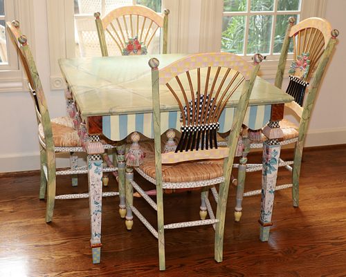 MACKENZIE-CHILDS (AMERICAN) MARBLE  TASSEL TABLE WITH FOUR LIGHT FLOWER BASKET CHAIRS H 30" W 37" L 37" 