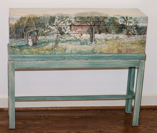 COUNTRY STYLE HAND PAINTED PINE CHEST ON STAND, H 32", L 38", D 11" 