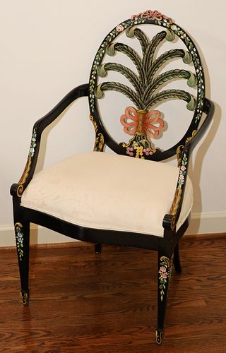 WOODMARK BLACK LAQUERED HAND PAINTED ARM CHAIR, H 42", W 24", D 24" 