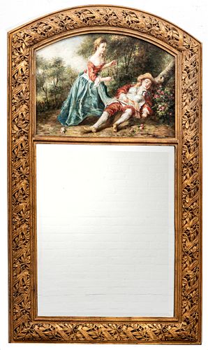 TRUMEAU HAND-PAINTED OIL ON CANVAS AND GILT MIRROR, 20TH CENTURY, H 56" W 32" 