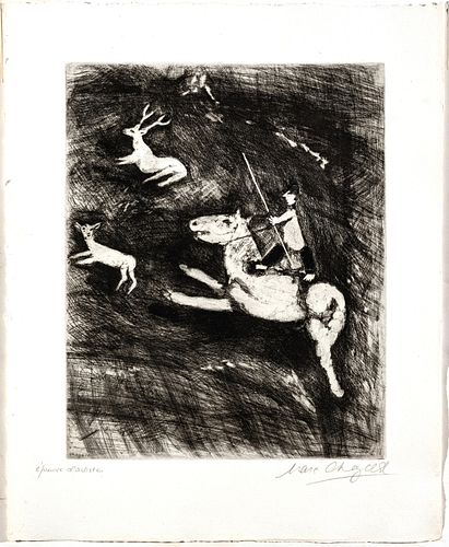 MARC CHAGALL (FRENCH/RUSSIAN, 1887–1985) ETCHING AND DRYPOINT ON MONTVAL LAID PAPER, WITH WATERMARK, 1927-30 H 11.625" W 9.375" (PLATE) LE CHEVAL S'ÉT
