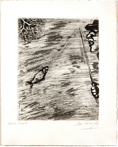 MARC CHAGALL (FRENCH/RUSSIAN, 1887–1985) ETCHING AND DRYPOINT ON MONTVAL LAID PAPER, 1927-30 H 11.625" W 9.375" (PLATE) LE PETIT POISSON ET LE PECHEUR