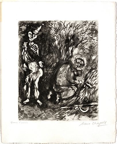MARC CHAGALL (FRENCH/RUSSIAN, 1887–1985) ETCHING AND DRYPOINT ON MONTVAL LAID PAPER, 1927-30 H 11.625" W 9.375" (PLATE) LA MORT ET LE BÛCHERON (FROM L