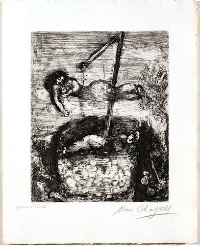 MARC CHAGALL (FRENCH/RUSSIAN, 1887–1985) ETCHING ON MONTVAL LAID PAPER, 1927-30, H 11.625" W 9.375" (PLATE) LA FORTUNE ET LE JEUNE ENFANT (FROM LES FA