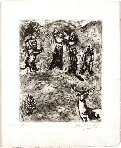 MARC CHAGALL (FRENCH/RUSSIAN, 1887–1985) ETCHING ON MONTVAL LAID PAPER, 1927-30 H 11.625" W 9.375" (PLATE) LES OBSÈQUES DE LA LIONNE (FROM LES FABLES 