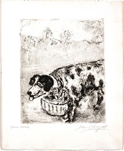 MARC CHAGALL (FRENCH/RUSSIAN, 1887–1985), ETCHING ON MONTVAL LAID PAPER, WITH WATERMARK, 1927-30, PUBLISHED 1952 H 11.625" W 9.375" (PLATE) LE CHIEN Q