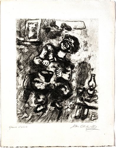 MARC CHAGALL (FRENCH/RUSSIAN, 1887–1985) ETCHING ON MONTVAL LAID PAPER, WITH WATERMARK 1927-30 H 11.75" W 9.5" (PLATE) LE SAVETIER ET LE FINANCIER (FR