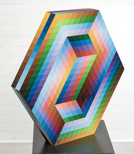 VICTOR VASARELY (FRENCH/HUNGARIAN, 1906–1997) WOOD MULTIPLE WITH ACRYLIC PAINT IN COLORS, 1990 H 26" W 25.25" KEDZI 