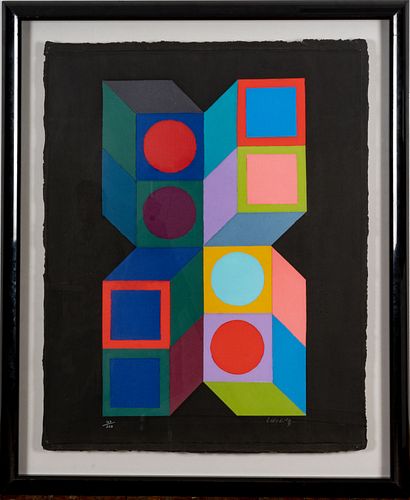 VICTOR VASARELY (FRENCH/HUNGARIAN, 1906–1997) MIXED MEDIA PAPER COLLAGE, ON TEXTURED BLACK PAPER, 1987 H 42.325" W 33.25" UNTITLED 